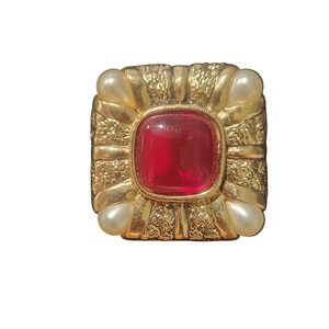 Vintage Gold Tone Square Brooch Red Cabochon Faux Pearl Heraldic Pin